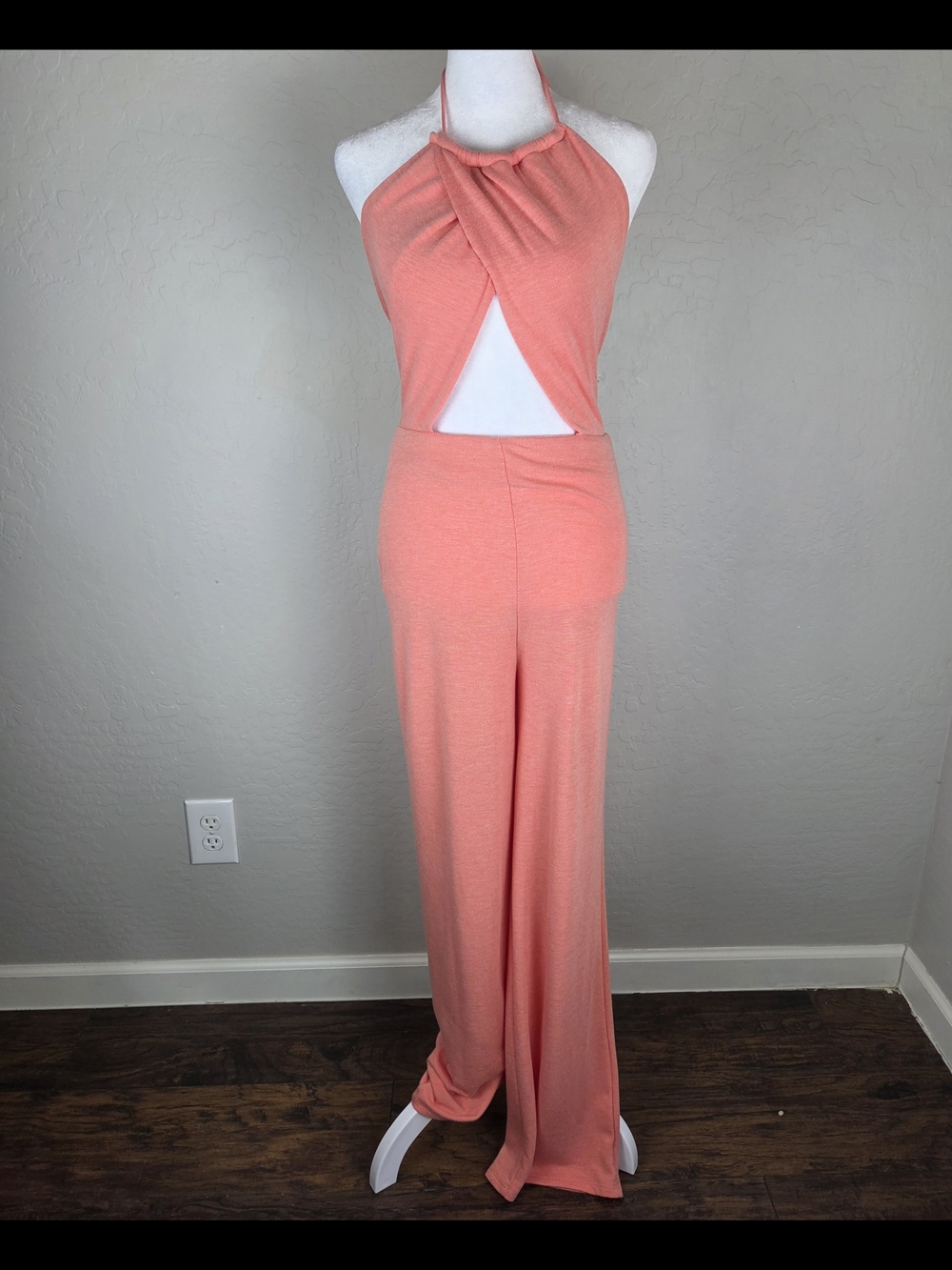 Lulu's Coral Halter Cutout Wide-Leg Jumpsuit